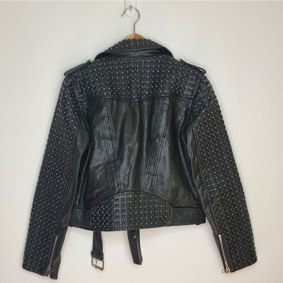 French Connection Black Leather Studded Moto Jacket Size 6 S - Picture 2 of 6